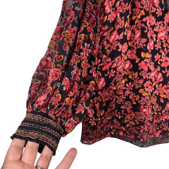 ALICE & OLIVIA Desiree Velvet Effect Blouse Textured Sheer Floral V-Neck - Picture 8 of 11